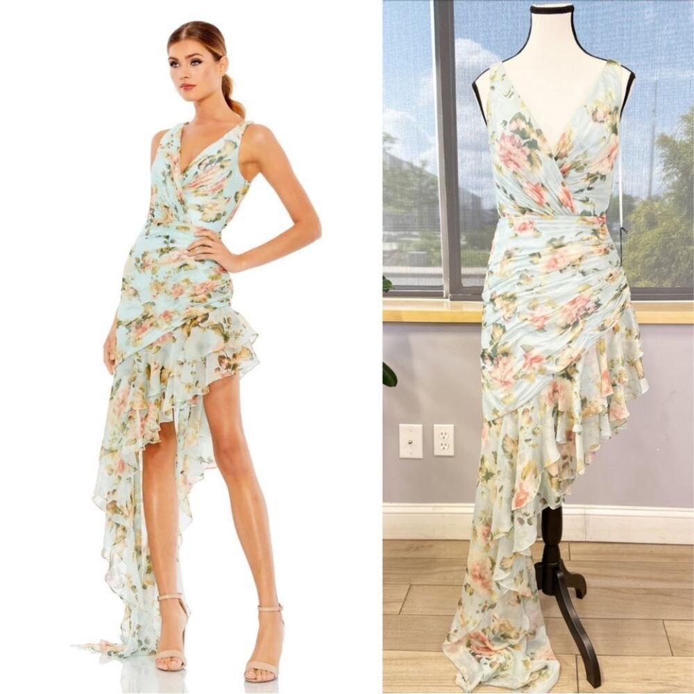 Mac Duggal asymmetrical ruffled floral chiffon high low dress.